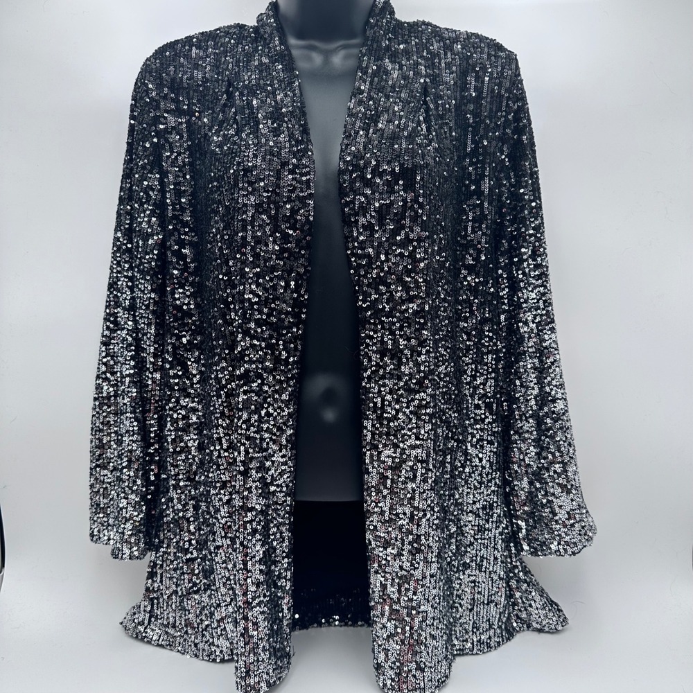Cable & Gauge Women's Black Silver Sequin Ombre Open Front Cardigan Jacket XL‎